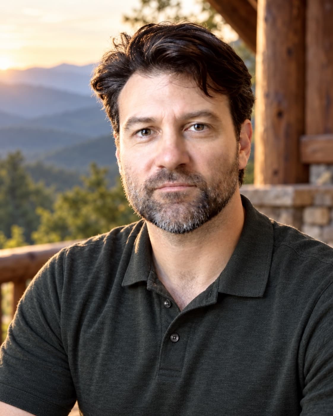 Dr. Fox Evergreen on a cabin porch in the Blue Ridge